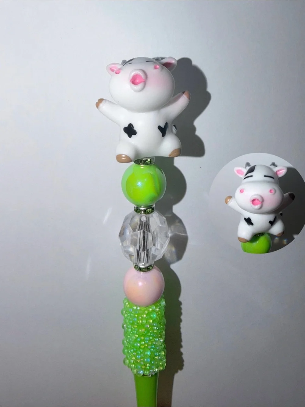 Cute Cow Green Beaded Pen